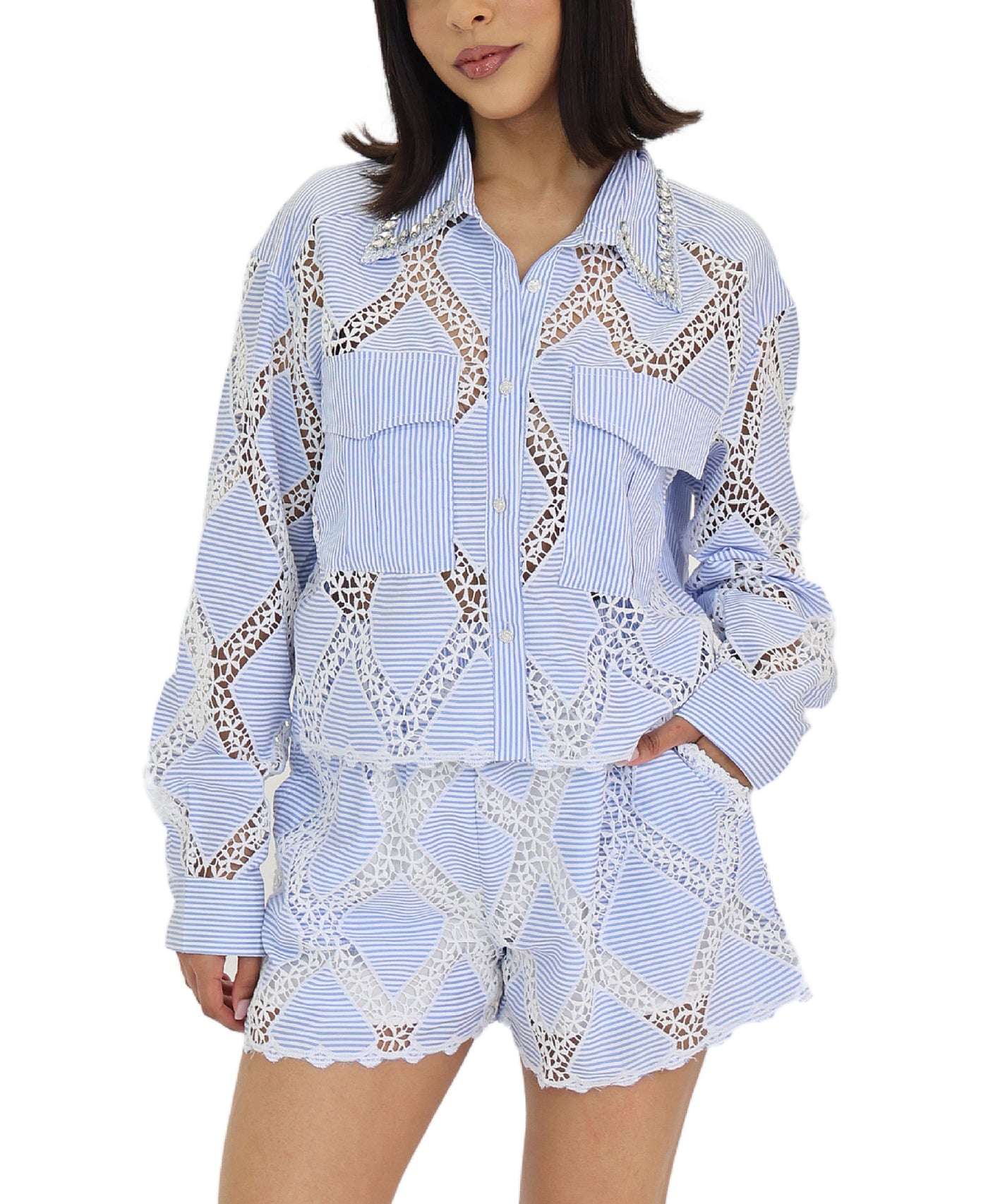 Stripe Eyelet Blouse & Shorts - 2 Pc Set view 1