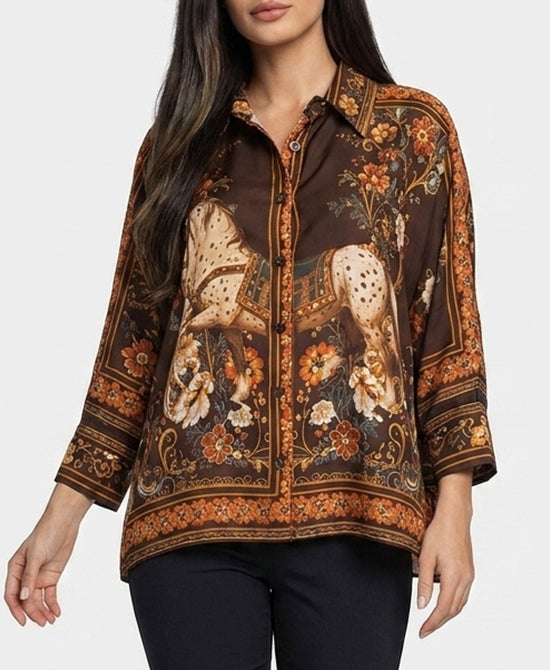 
Horse & Floral Print Blouse in BROWN MULTI view 1