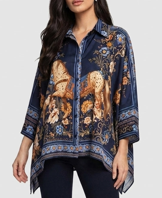 
Horse & Floral Print Blouse in NAVY MULTI view 1