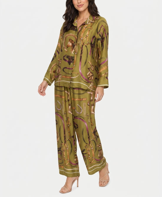
Horse Print Blouse & Pants Set- 2 Pc Set in DARK CHARTREUSE view 1