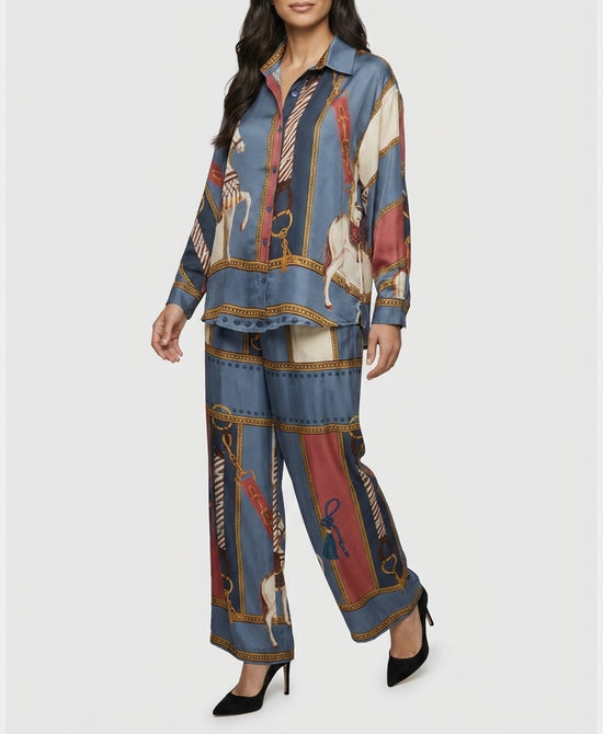 
Horse Print Blouse & Pants Set- 2 Pc Set in BLUE MULTI view 1