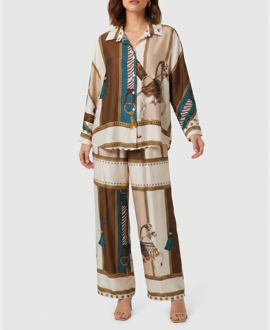 
Horse Print Blouse & Pants Set- 2 Pc Set in BEIGE/BROWN/TEAL view 1