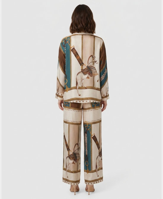 
Horse Print Blouse & Pants Set- 2 Pc Set in BEIGE/BROWN/TEAL view 2