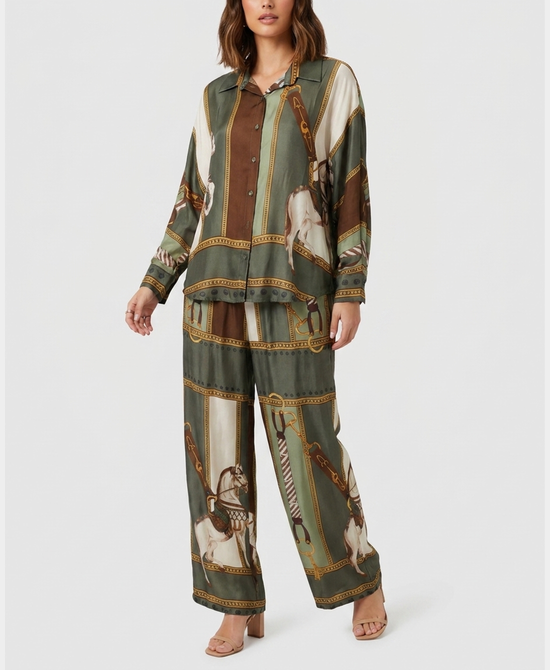 
Horse Print Blouse & Pants Set- 2 Pc Set in OLIVE MULTI view 1