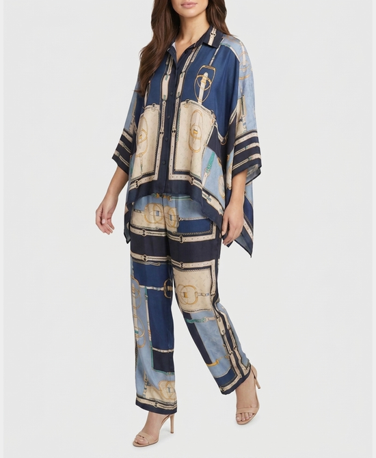 
Chain Print Blouse & Pants Set- 2 Pc Set in BLUE MULTI view 1