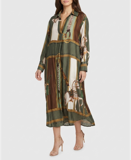 
Horse Print Dress in OLIVE/BROWN view 1