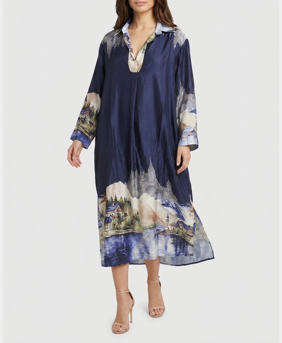 
Village Landscape Print Dress in NAVY MULTI view 1