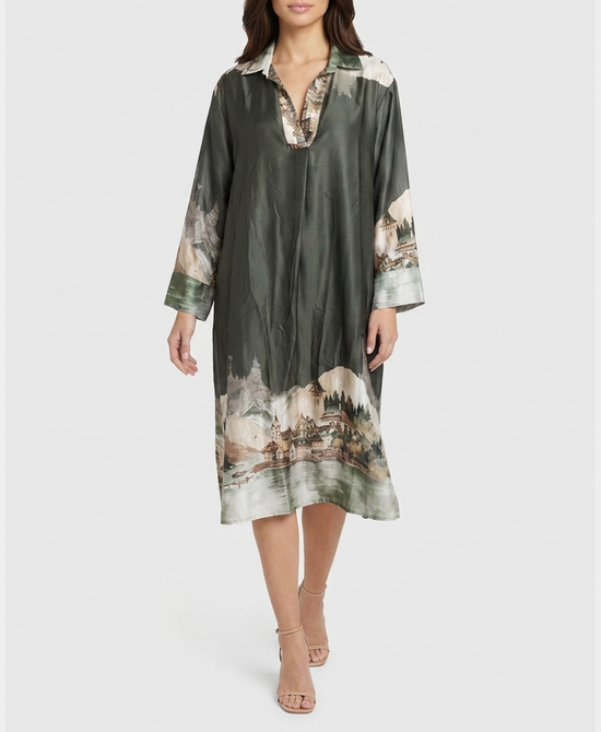 
Village Landscape Print Dress in OLIVE MULTI view 1