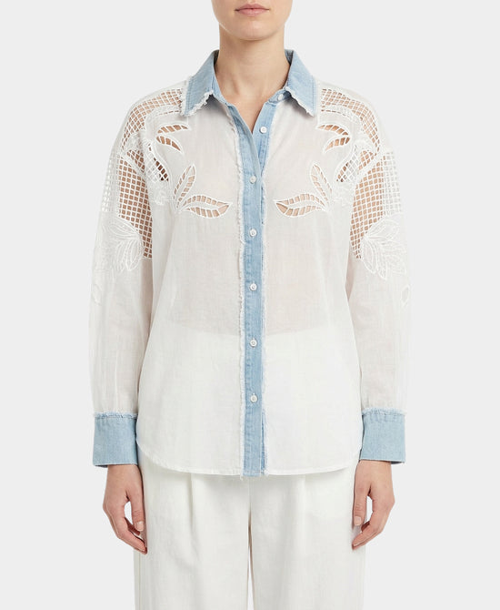 Sheer Eyelet Blouse w/ Denim Trim view 1