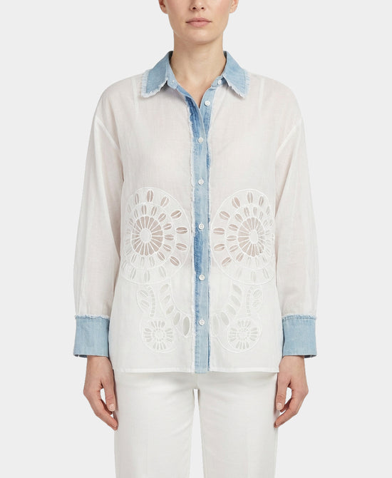 Sheer Eyelet Hi-Lo Blouse w/ Denim Trim view 1