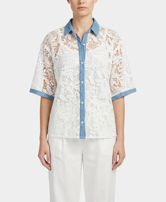Crochet Lace Shirt w/ Denim Trim view 1
