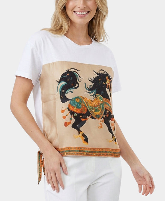 
Tee w/ Horse Print Silk Trim in WHITE/TAN view 1