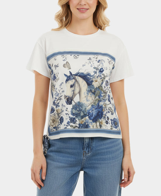 Tee w/ Horse & Floral Print Silk Trim view 1