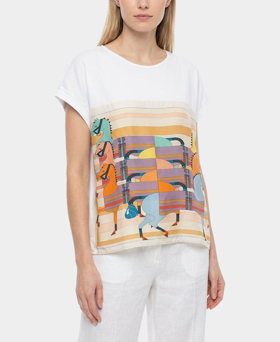 Tee w/ Horse Print Silk Trim view 1