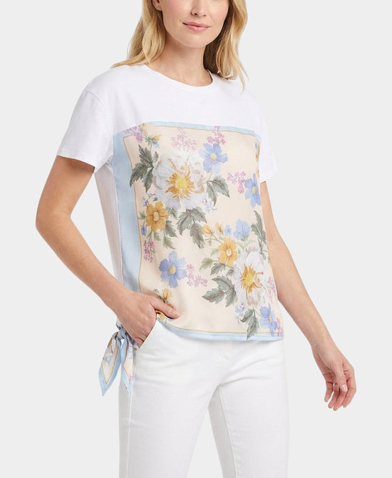 
Tee w/ Floral Print Silk Trim in WHITE MULTI view 1