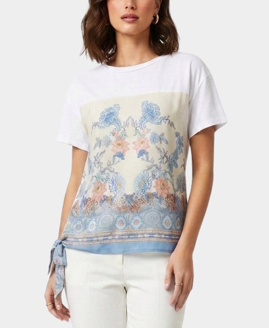 
Tee w/ Floral Print Silk Trim in WHITE MULTI view 1