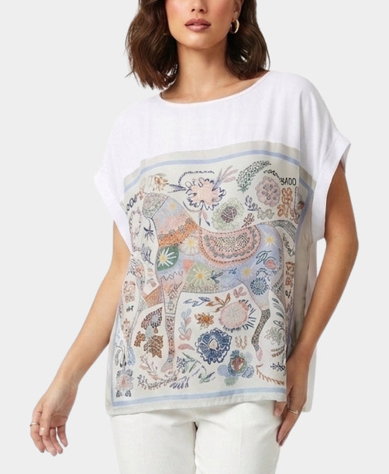 
Tee w/ Horse Print Silk Trim in WHITE MULTI view 1
