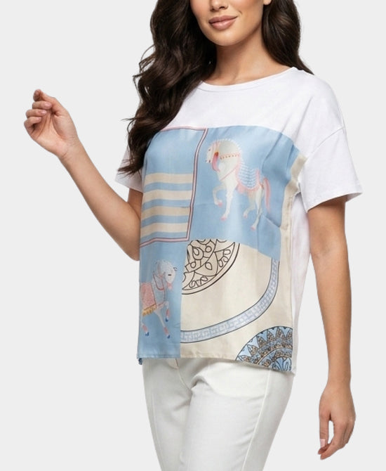 
Tee w/ Horse Print Silk Trim in BLUE view 1