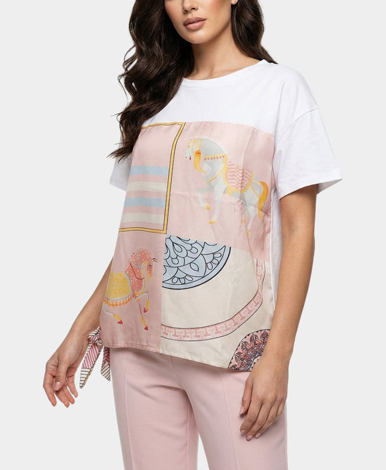 
Tee w/ Horse Print Silk Trim in PINK view 1