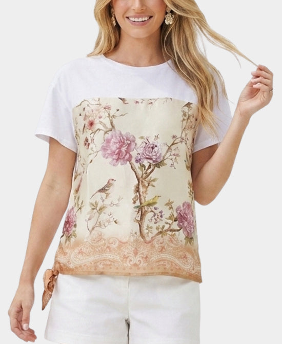 
Tee w/ Printed Silk Trim in IVORY MULTI view 1