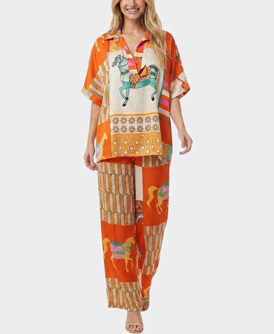 
Horse Print Top & Pants Set- 2 Pc Set in ORANGE MULTI view 1