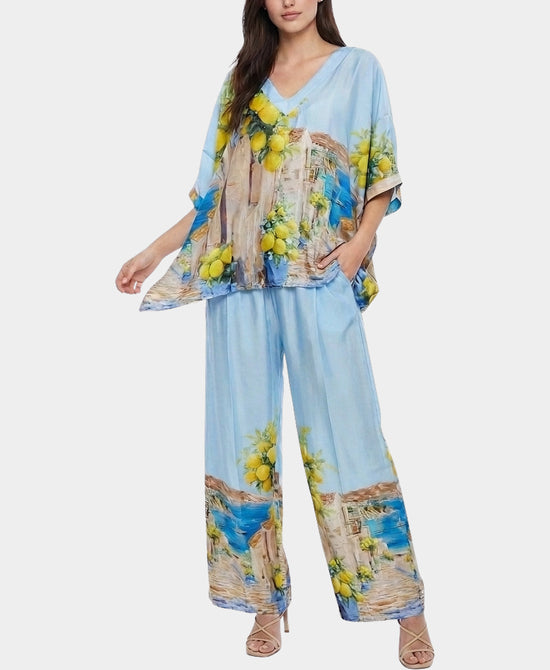 
Lemon Print Satin Top & Pants Set- 2 Pc Set in BLUE MULTI view 1