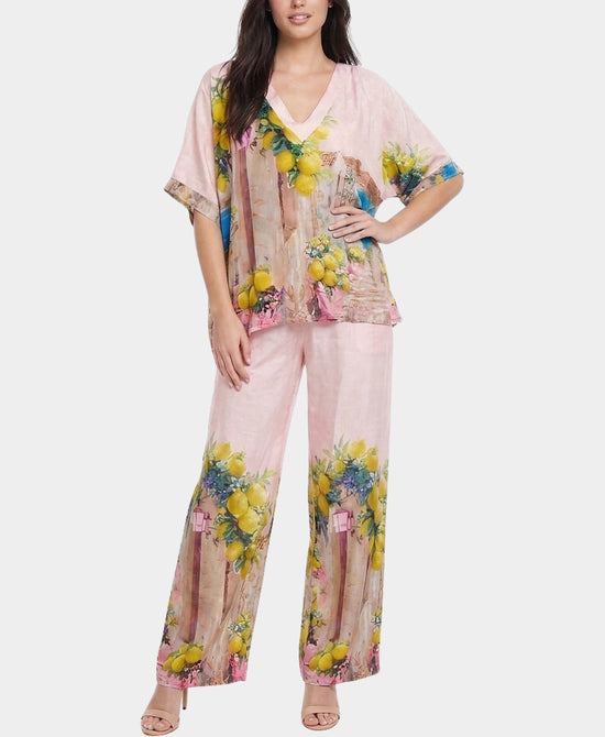 
Lemon Print Satin Top & Pants Set- 2 Pc Set in PINK MULTI view 1