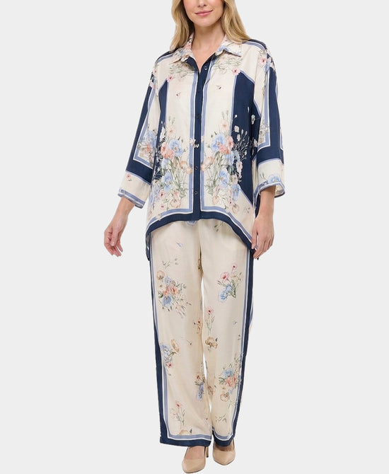 
Floral Print Blouse & Pants Set- 2 Pc Set in IVORY/NAVY view 1