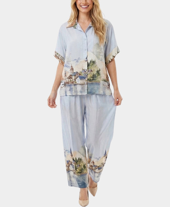 
Art-Inspired Scenic Print Blouse & Pants Set- 2 Pc Set in BLUE MULTI view 1