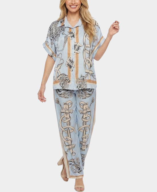 
Chain Print Blouse & Pants Set- 2 Pc Set in BLUE view 1