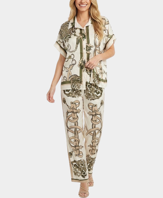 
Chain Print Blouse & Pants Set- 2 Pc Set in IVORY/TAN view 1