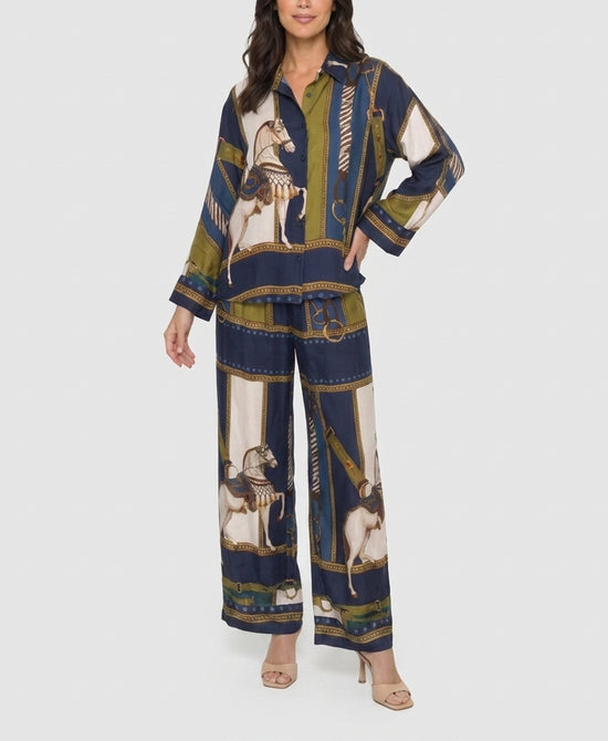 
Horse Print Blouse & Pants Set- 2 Pc Set in NAVY MULTI view 1