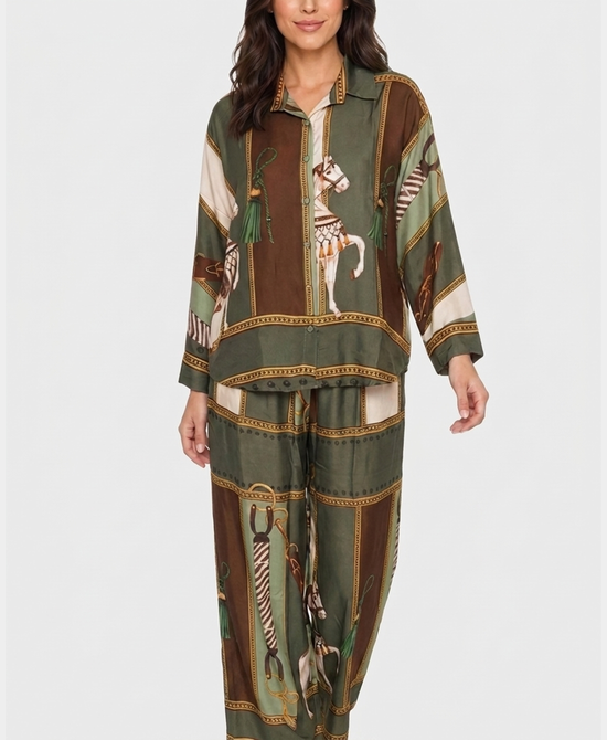 
Horse Print Blouse & Pants Set- 2 Pc Set in OLVE MULTI view 1