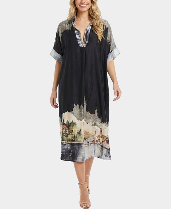 
Village Landscape Print Dress in BLACK MULTI view 1