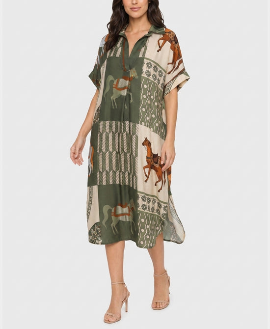 
Horse Print Midi Dress in OLIVE MULTI view 1