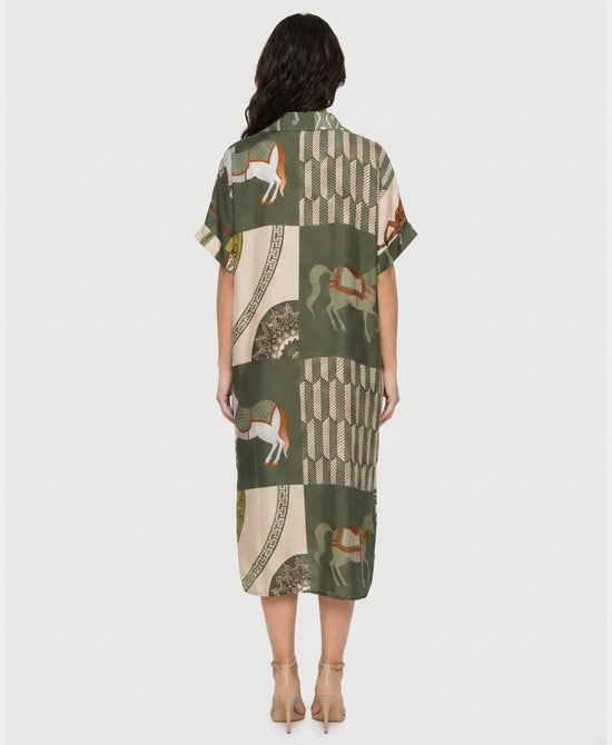 
Horse Print Midi Dress in OLIVE MULTI view 2