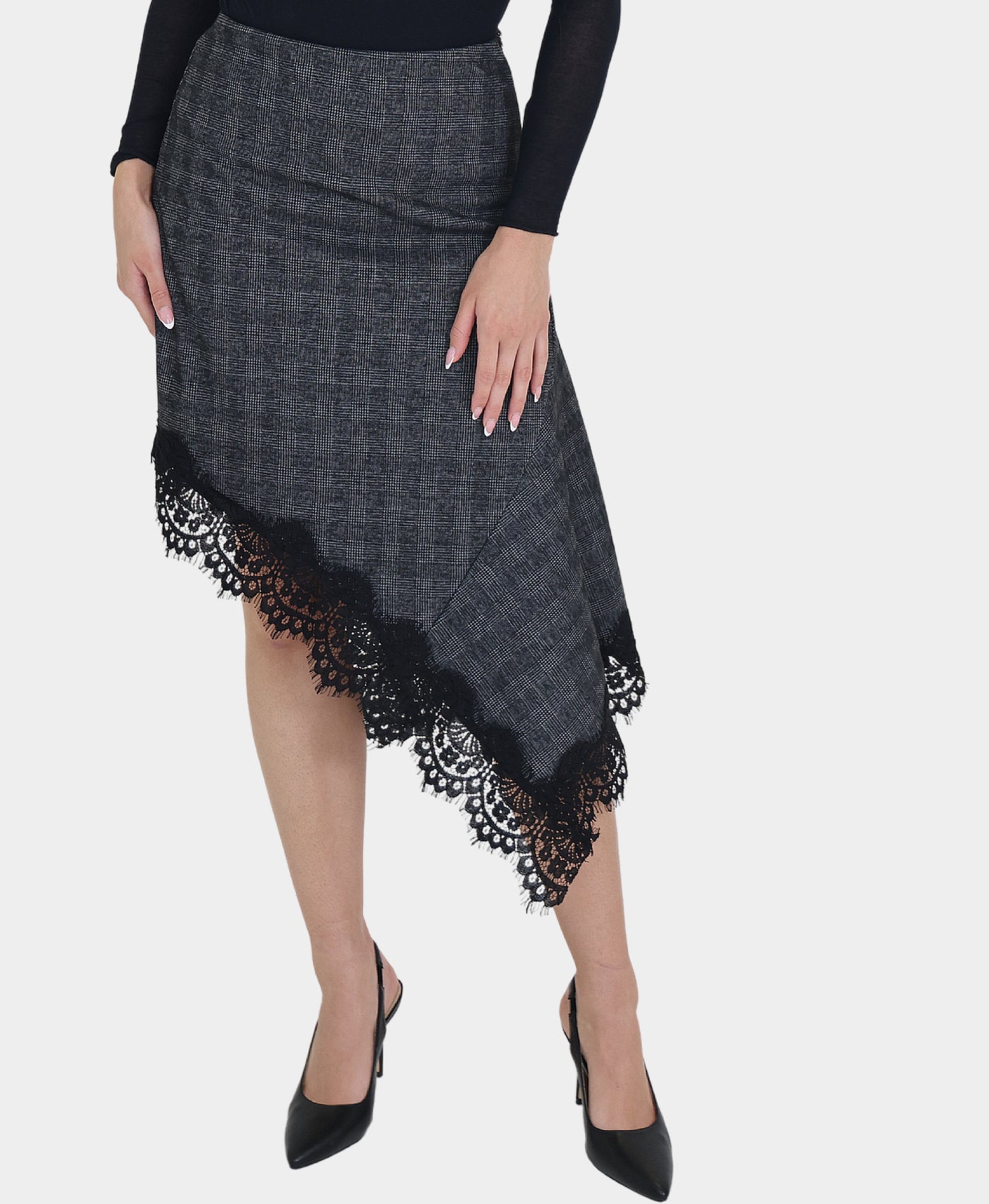 Asymmetrical Plaid Skirt w/ Lace Trim view 1