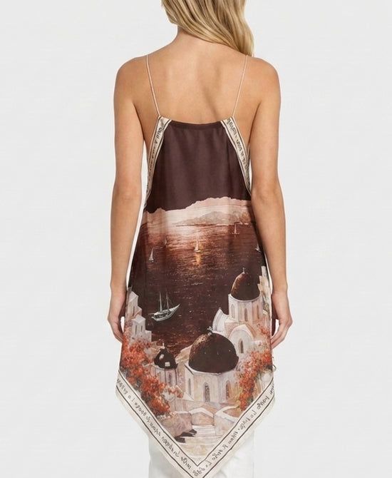 
Art-Inspired Scenic Print Hanky Hem Tank in BROWN view 2