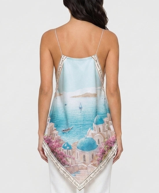 
Art-Inspired Scenic Print Hanky Hem Tank in LIGHT AQUA view 2