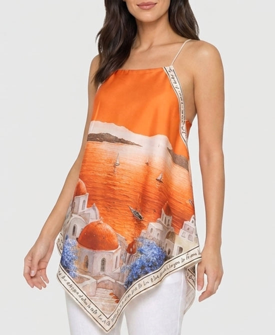 
Art-Inspired Scenic Print Hanky Hem Tank in ORANGE view 1