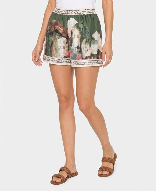 
Art-Inspired Scenic Print Shorts in GREEN view 1