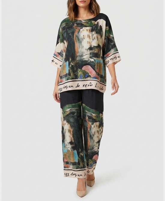 
Coastal Print Blouse & Pants Two-Piece Set in BLACK view 1