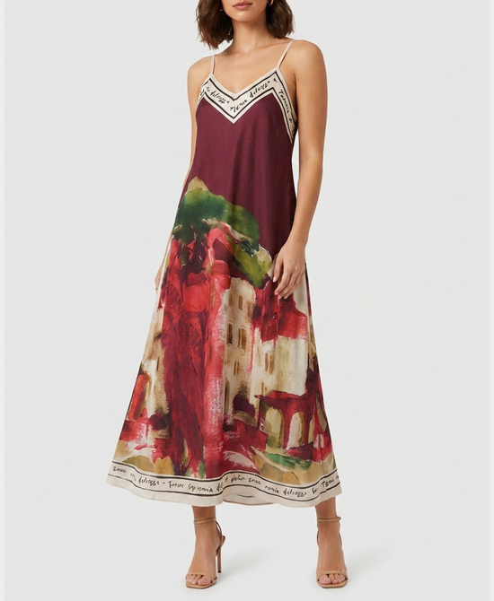 
Art-Inspired Scenic Print Maxi Dress in WINE view 1