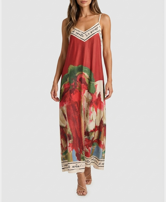 
Art-Inspired Scenic Print Maxi Dress in RED view 1