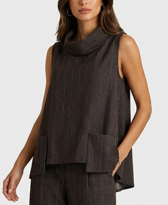 
Herringbone & Stripe Hanky Hem Top in BROWN view 1