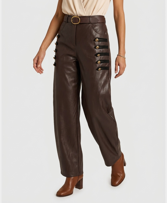 
Faux Leather Band Pants in BROWN view 1