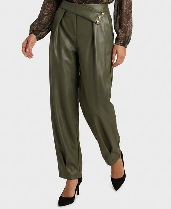 
Faux Leather Pleated Fold Over Pants in OLIVE view 1