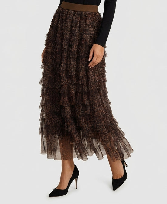 
Leopard Print Tiered Mesh Maxi Skirt in BROWN/BLACK view 1