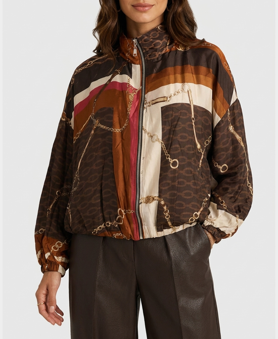 
Chain Print Bubble Bomber Jacket in BROWN MULTI view 1