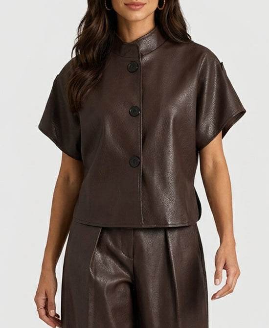 
Faux Leather Shacket in BROWN view 1